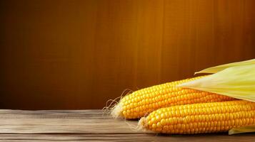 fotograaf van maïs maïs graan Aan hout achtergrond met kopiëren ruimte, ai generatief foto