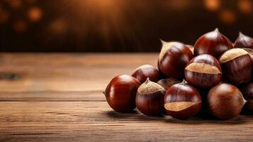 kastanjes foto Aan hout achtergrond met uitgebreid kopiëren ruimte, ai generatief