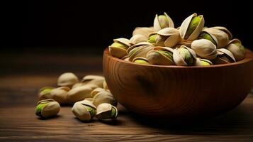 pistachenoten Aan hout achtergrond met uitgebreid kopiëren ruimte, ai generatief foto