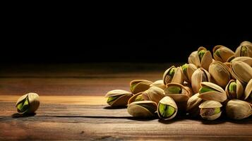 pistachenoten Aan hout achtergrond met uitgebreid kopiëren ruimte, ai generatief foto