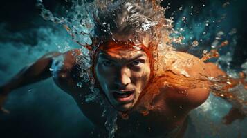 energiek schot van een zwemmer racing door de water Leuk vinden een getorpedeerd foto