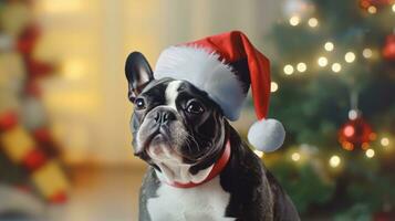 mopshond hond in een de kerstman hoed. Kerstmis wazig achtergrond foto