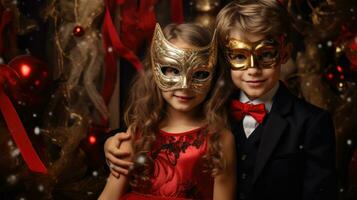 gelukkig kinderen Bij een Kerstmis maskerade partij foto