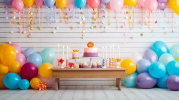 tafel met een taart en ballonnen Aan het. generatief ai foto