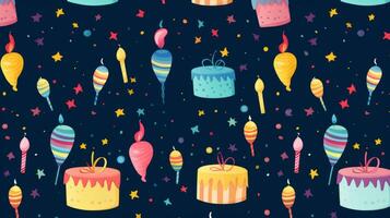 patroon van verjaardag cakes en kaarsen Aan een blauw achtergrond. generatief ai foto