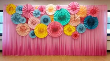 kamer met roze gordijnen en papier bloemen Aan de muur. generatief ai foto