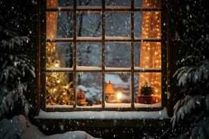 een sneeuw gekust venster. generatief ai foto