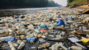 plastic verontreiniging in rivier- schade toebrengen aquatisch leven. generatief ai foto