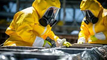 mensen in geel Hazmat pakken en gas- maskers. generatief ai foto