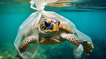 schildpad gevangen in een plastic tas. generatief ai foto
