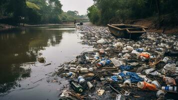 vervuild rivier- met verlaten boodschappen doen karren. generatief ai foto
