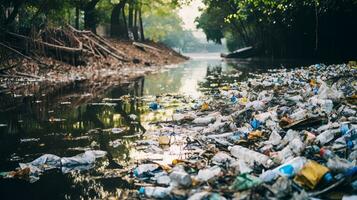 vervuild rivier- met uitschot en puin drijvend Aan de oppervlak. generatief ai foto