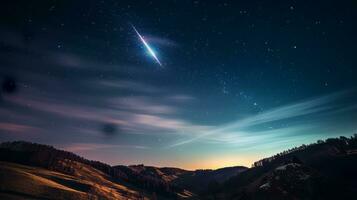 dichtbij omhoog meteoor streep nacht lucht. generatief ai foto