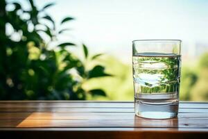 verfrissend hydratatie een Doorzichtig glas van water Aan houten vloeren, ruimte bovenstaand ai gegenereerd foto