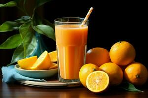 een tafelblad tableau glas van oranje sap, blauw rietje, en een hoop van sinaasappels ai gegenereerd foto