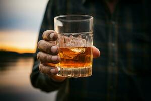 een whisky liefhebbers hand, gevangen genomen in een aangrijpend detailopname met de glas ai gegenereerd foto
