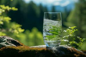 een glas van natuurlijk mineraal water tegen een Woud achtergrond, ideaal voor zomer spa ai gegenereerd foto