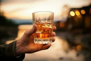 intrigerend detailopname mannetje hand- stevig houdt een glas van glad whisky ai gegenereerd foto