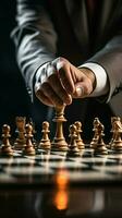 selectief focus mans hand- in schaak Speel, figuurlijk leidend strategisch bedrijf beslissingen verticaal mobiel behang ai gegenereerd foto