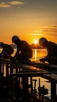 zonsondergang silhouet bouw arbeiders genade de horizon, een symbool van dagen einde verticaal mobiel behang ai gegenereerd foto