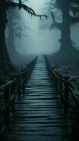 mistig passages houten loopbruggen ondergedompeld in dik de nevel oproepen een mystiek reis verticaal mobiel behang ai gegenereerd foto