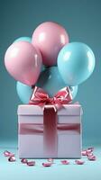 elegant versierd geschenk doos in wit, blauw lint, ballon Aan mooi roze. verticaal mobiel behang ai gegenereerd foto