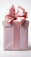 vitrine elegantie wit podium, roze geschenk doos, pastel lint boog geïsoleerd Aan wit. verticaal mobiel behang ai gegenereerd foto