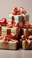 op zichzelf staand geschenken, dozen Aan wit. illustreren vakantie, Valentijnsdag dag viering. verticaal mobiel behang ai gegenereerd foto
