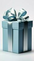 onthuld blauw geschenk doos, elegant wit boog, geïsoleerd tegen ongerept wit achtergrond. verticaal mobiel behang ai gegenereerd foto