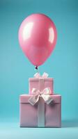 chique contrast wit doos, blauw lint, ballon Aan levendig roze achtergrond. verticaal mobiel behang ai gegenereerd foto