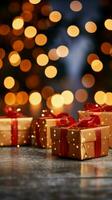 Kerstmis magie geschenk dozen, rood bogen, twinkelen temidden van bokeh lichten' viering. verticaal mobiel behang ai gegenereerd foto