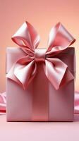 delicaat charme Open geschenk doos, roze boog Aan pastel roze achtergrond. verticaal mobiel behang ai gegenereerd foto