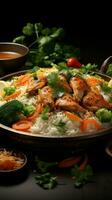 smaakvol ensemble kip, groenten, en rijst- verenigen voor een heerlijk en evenwichtig maaltijd verticaal mobiel behang ai gegenereerd foto