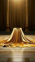 3d tafereel leeg podium met luxueus gouden kleding stof boven, uitstralend elegantie en weelde. verticaal mobiel behang ai gegenereerd foto