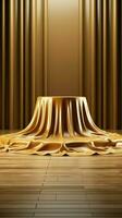 3d tafereel leeg podium met luxueus gouden kleding stof boven, uitstralend elegantie en weelde. verticaal mobiel behang ai gegenereerd foto