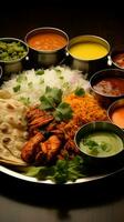 culinaire reis Indisch kip thali pronkt verschillend gerechten Leuk vinden gebakken kip, ei kerrie, biryani verticaal mobiel behang ai gegenereerd foto