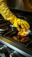 detailopname top visie dames gehandschoende hand- reinigt vuil fornuis post Koken, omarmen huiswerk verticaal mobiel behang ai gegenereerd foto