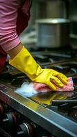 detailopname top visie dames gehandschoende hand- reinigt vuil fornuis post Koken, omarmen huiswerk verticaal mobiel behang ai gegenereerd foto