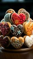 culinaire vakmanschap geglazuurd hart vormig koekjes met bloemen patronen tentoongesteld Aan een houten staan verticaal mobiel behang ai gegenereerd foto