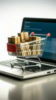 e handel visie laptop, boodschappen doen mand, toetsenbord symboliseren online boodschappen doen Aan wit backdrop verticaal mobiel behang ai gegenereerd foto