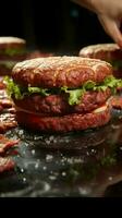 deskundige slagers vakkundig transformeren vlees in watertanden Hamburger pasteitjes door nauwkeurig verwerken verticaal mobiel behang ai gegenereerd foto