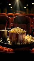 3d weergegeven theater stoel vergezeld door popcorn en drankje, uitnodigend filmische toegeeflijkheid verticaal mobiel behang ai gegenereerd foto