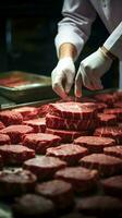 Hamburger pasteitjes nemen vorm onder de geschoold handen van toegewijd slagers verwerken verticaal mobiel behang ai gegenereerd foto