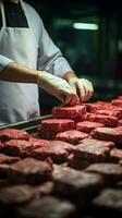 slagers meesterlijk werkwijze vlees in heerlijk Hamburger pasteitjes met precisie en zorg verticaal mobiel behang ai gegenereerd foto