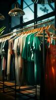 kleren hangen in een modern boetiek, reflecterend hedendaags mode Bij de kleding winkel. verticaal mobiel behang ai gegenereerd foto