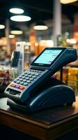 operationeel pos terminal in de winkel, klaar voor doeltreffend transactie verwerken. verticaal mobiel behang ai gegenereerd foto