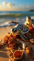 zanderig kust getuige geweest baby schildpadden uitkomen, aan boord gaan Aan hun kust avontuur. verticaal mobiel behang ai gegenereerd foto