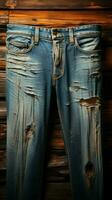 denim voldoet aan hout blauw broek tegen houten backdrop voor een robuust chique uitstraling. verticaal mobiel behang ai gegenereerd foto