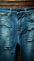 denim voldoet aan hout blauw broek tegen houten backdrop voor een robuust chique uitstraling. verticaal mobiel behang ai gegenereerd foto