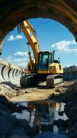 bouw tafereel rups- graafmachine opgravingen met dwingen tegen blauw lucht, in de buurt beton pijp. verticaal mobiel behang ai gegenereerd foto